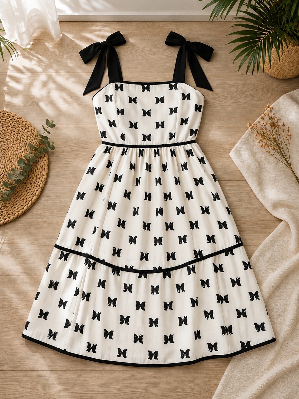 Girls White and Black Butterfly Tie-Strap Sundress Mini Dress